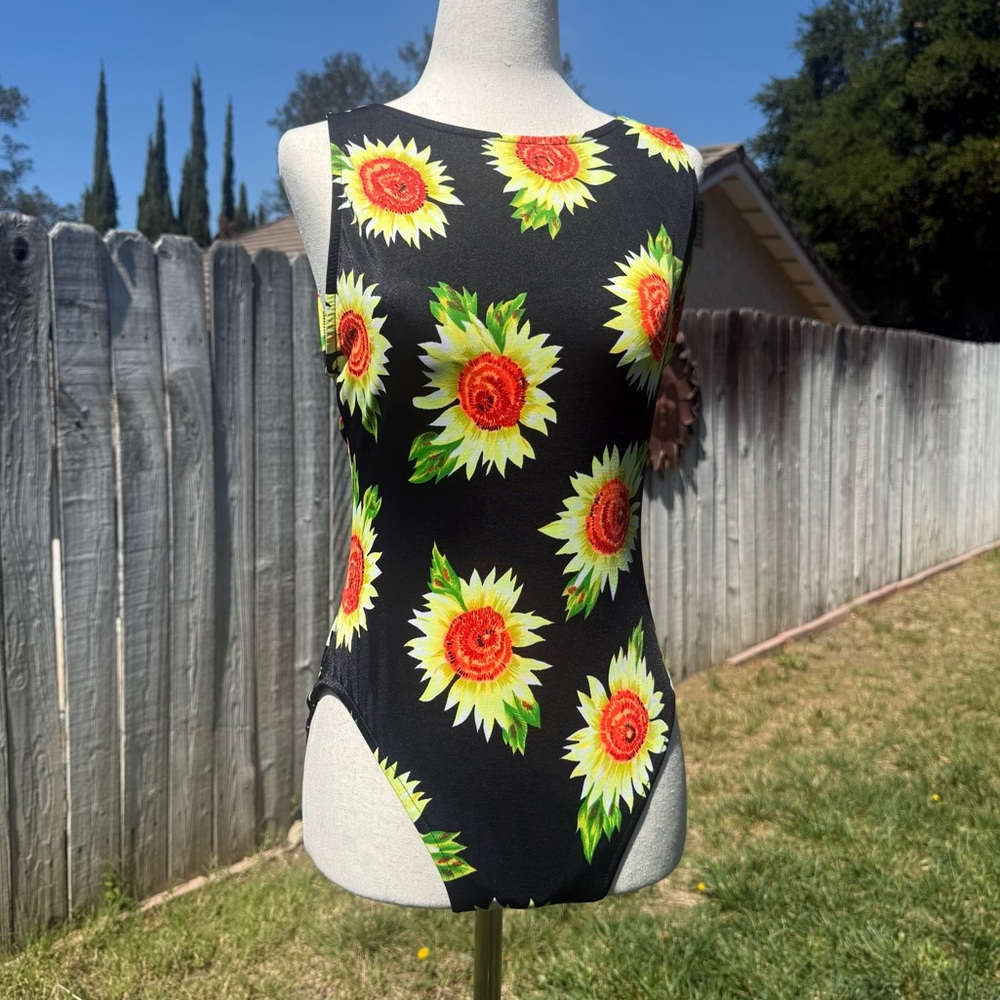 Sunflower Print Sleeveless Bodysuit - Black